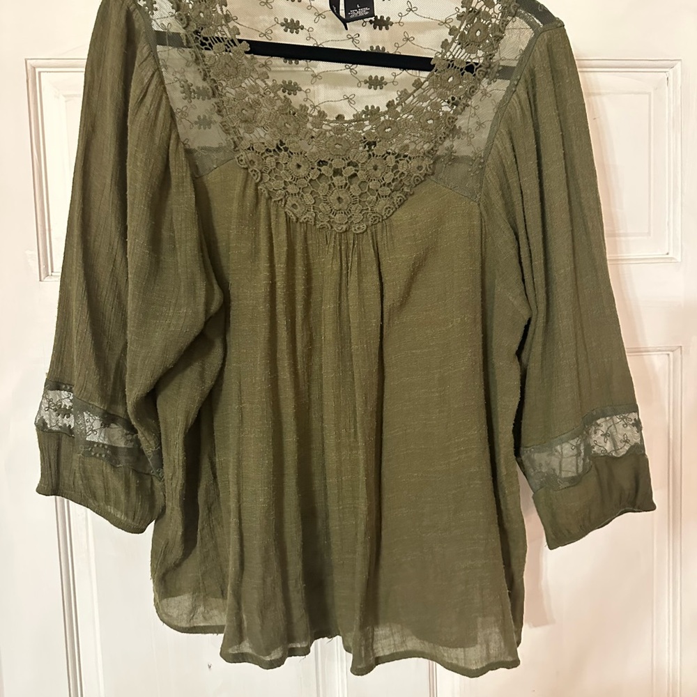new directions Olive Green Lace Yoke Peasant Tunic
